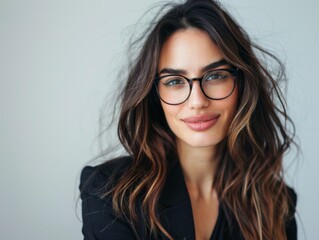 Obraz premium Beautiful brunette woman wears stylish glasses. Women's beauty and fashion. Vision correction.
