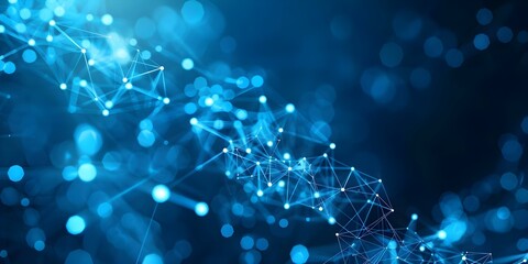 Abstract network of connected line dots on a blue polygon background. Concept Abstract Art, Connected Dots, Blue Background, Geometric Shapes, Network Concept