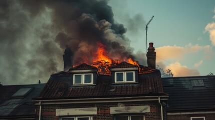 Close up of house roof with smoke and fire coming out, burning brick building in London suburban...