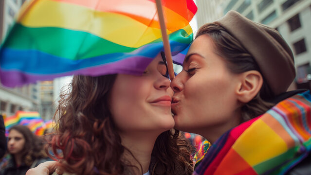 Two Women Kissing at Pride Parade with Rainbow Flag, Celebrating LGBTQ+ Love and Acceptance