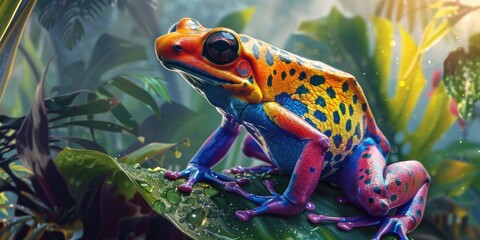 Fototapeta premium Brightly Colored Frog on Leaf