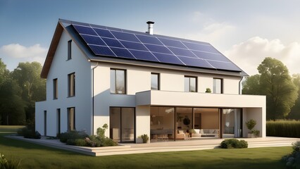 Obraz premium Contemporary House With an Installation of Solar Panels on the Roof, Eco-friendly Architecture, and Energy Efficiency.
