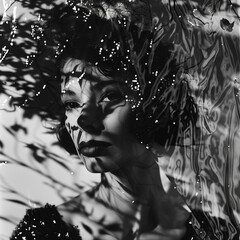 Abstract black and white portrait of a woman with intricate shadows and light patterns, evoking mystery and depth. Perfect for creative projects, fine art, and editorial use. Captivating and surreal