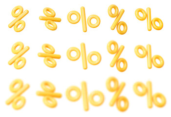 3d set of yellow percent signs discount with blur effect and different angles. Voucher gift. Stock vector illustration on isolated background.
