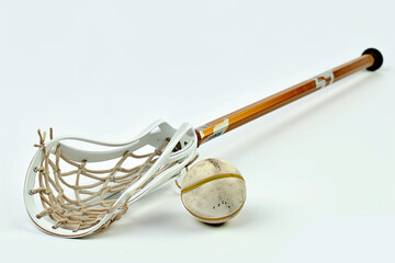 A lacrosse stick with a ball and net on it