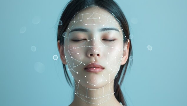 Face lift anti-aging treatment - Asian woman portrait with graphic lines showing facial lifting effect on skin. isolated on white