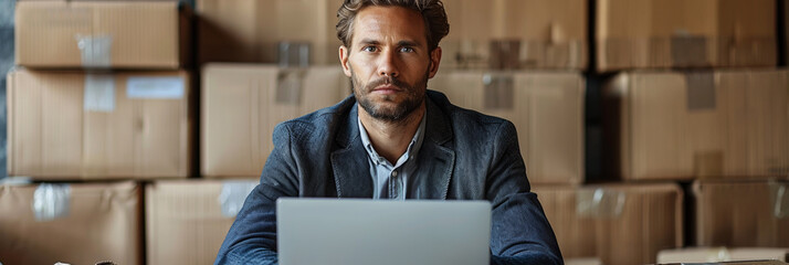 Confident manager overseeing shipping service, coordinating orders online, utilizing modern technology for efficient delivery