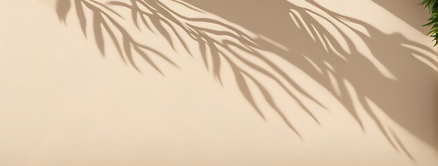 Beautiful beige brown stucco wall with soft foliage and tropical leaf shadow

