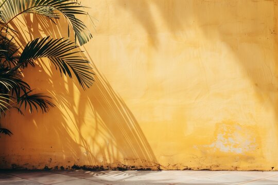 Beautiful minimalist construction, yellow wall with palm shadows. Background for presentation. Copy space