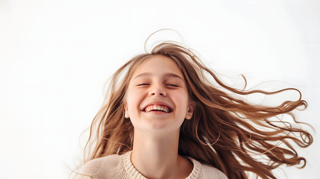 young girl with a joyful and happy smile against white background. generative ai