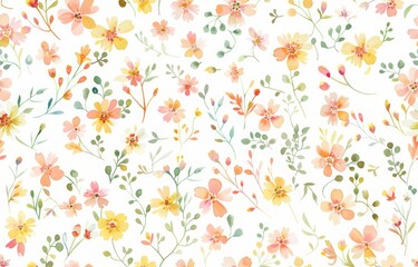 A seamless pattern of small, colorful watercolor flowers in pastel colors on white background