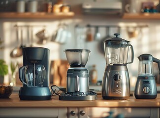 A collection of household appliances, a blender and coffee maker on a table in a kitchen with a blurred background