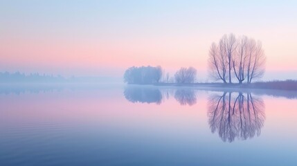 Fototapeta premium Calm and serene environmental landscapes, Tranquil lakeside at dawn, soft mist over water,