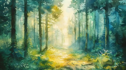 Fototapeta premium Tranquil nature landscapes for inner peace, Serene forest with soft sunlight filtering through trees