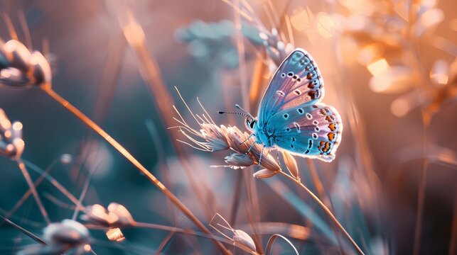 A blue butterfly perched on tall, fluffy violet grass in nature, captured with soft atmospheric lighting in a close-up macro perspective. 