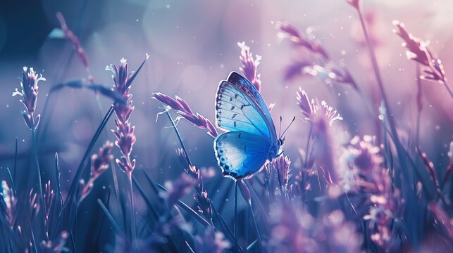 A blue butterfly perched on tall, fluffy violet grass in nature, captured with soft atmospheric lighting in a close-up macro perspective. 