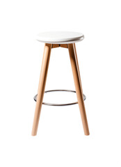 White stool. Isolated transparent PNG background. Chair, furniture, decore.  With wooden legs. Round shaped seat. Minimal Retro contemporary chic.
