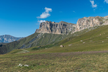 Fototapeta premium Stunning view of Aktoprak pass between Baksan and Chegem gorges. Caucasus mountains. Kabardino-Balkaria, Russia.