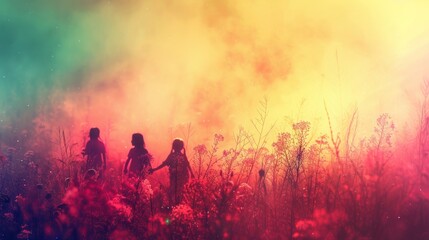 Fototapeta premium Three children holding hands in a field with colorful, hazy light