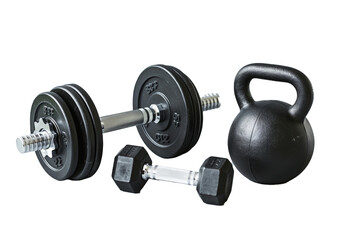A set of dumbbells and a kettlebell are on a white background, isolated on transparent background.