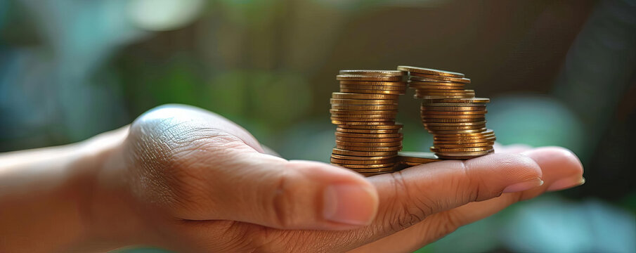 Hand holding a stack of coins, representing wealth and investment