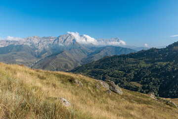 Stunning view of Aktoprak pass between Baksan and Chegem gorges. Caucasus mountains. Kabardino-Balkaria, Russia.
