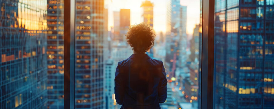 Person looking out the window of a high-rise office building, visualizing future possibilities