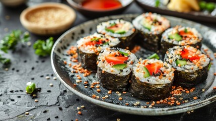 quinoa sushi rolls on a table creating a unique recipe concept with space for text
