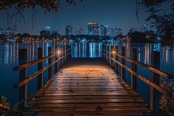 Obraz premium City Nightscape with Illuminated Pier