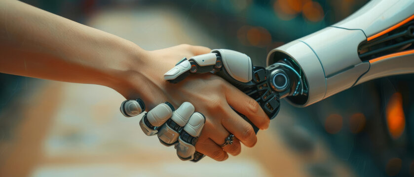 Robot hand shaking a human hand, representing the future of work