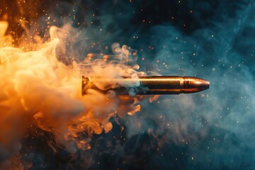 A close-up shot of a bullet with smoke emanating from the tip, suitable for use in scenes involving gunfire or action