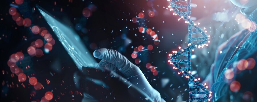 Modern hospital is analyzing patient DNA with digital modern technology for cure, banner. Generative Ai.