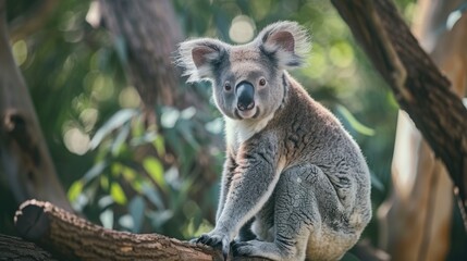 A koala sitting on a tree branch, looking around