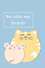 Childrens cute greeting card with mouse and cat. Template for invitation in paper style