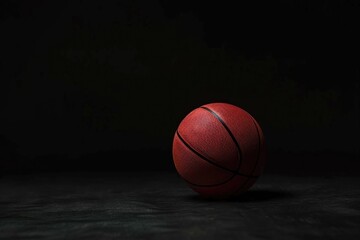 Obraz premium A red basketball ball sits atop a black floor, ready for play or display