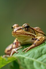 Fototapeta premium A small frog is perched on top of a green leaf, enjoying the surroundings