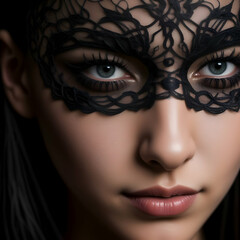 Enigmatic Elegance: Close-Up of a Beautiful Woman with a Black Lace Mask