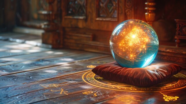 mystical crystal ball, a glowing crystal ball on a velvet cushion illuminates symbols on oak floorboards, beckoning seekers to a mystical spiritual realm
