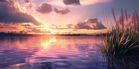 The setting sun casts a golden glow on the lake, while the tall grass on the shore gently sways in the breeze.