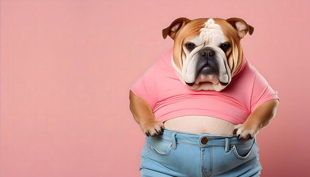 dicker, hund, mit, bauch, close up, rosa-t&uuml;rkis, jeans, shiirt, modisch, copy space, plus, size, fett, surreal, cartoon, photo, altelier, studio, aufnahme, spa&szlig;, di&auml;t, zu dick, tier, 3d, hellblau, y2k
