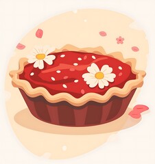 A flat vector illustration of a red pie with flowers on top, on a white background, in a simple minimalistic style, using warm colors, that is cute and dreamy, with a high resolution