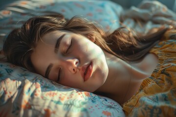 Obraz premium A young woman resting her eyes in a cozy bed, suitable for use in lifestyle and wellness contexts