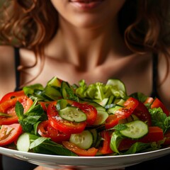 vegetable salad in a plate close-up against the background of a fat woman.
