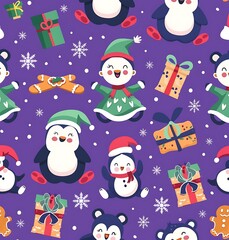 A seamless pattern of cute Christmas characters like elves, penguins and polar bears with gingerbread