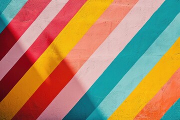 A vibrant and playful urban scene featuring a colorful striped wall and a fire hydrant