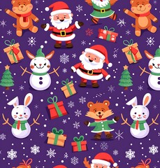 A seamless pattern of cute cartoon characters like Santa, elves and reindeer wearing winter with gifts on a purple background creates a Christmas atmosphere