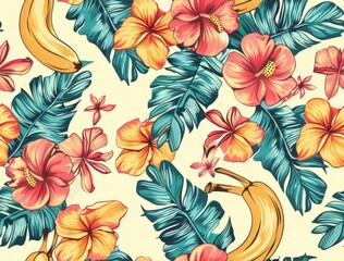 A seamless pattern with a hand drawn Hawaii beach, adorned in tropical flowers and bananas, their vibrant colors creating a lively atmosphere on an off-white background