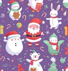 A seamless pattern of cute cartoon characters like Santa, elves and penguins in a Christmas scene with gifts on a purple background