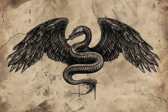 A hand-drawn illustration of a snake with wings on a piece of paper, suitable for use in fantasy or mythology-themed designs