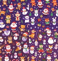 A seamless pattern of cute cartoon characters like Santa, elves and reindeer wearing winter with gifts on a purple background creates a Christmas atmosphere